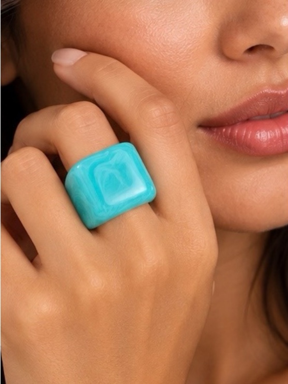 Turquoise Blue Marbled Chunky Square Resin Ring | Geometric Statement | New | 7